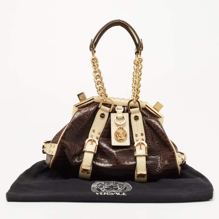 Pre Owned Versace Brown/Cream Croc Embossed Leather Madonna Satchel