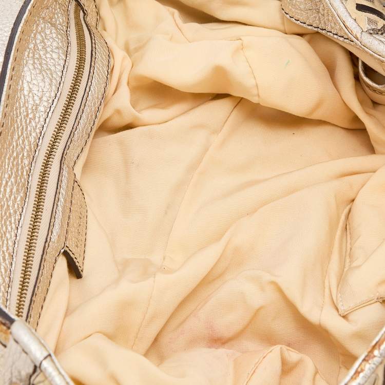 Pre Owned Versace Gold/Beige Woven Leather and Suede Medusa Fringe Satchel