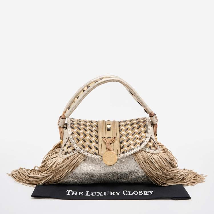 Pre Owned Versace Gold/Beige Woven Leather and Suede Medusa Fringe Satchel