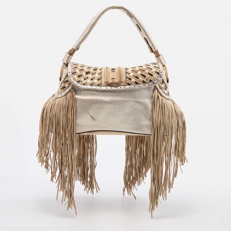 Pre Owned Versace Gold/Beige Woven Leather and Suede Medusa Fringe Satchel