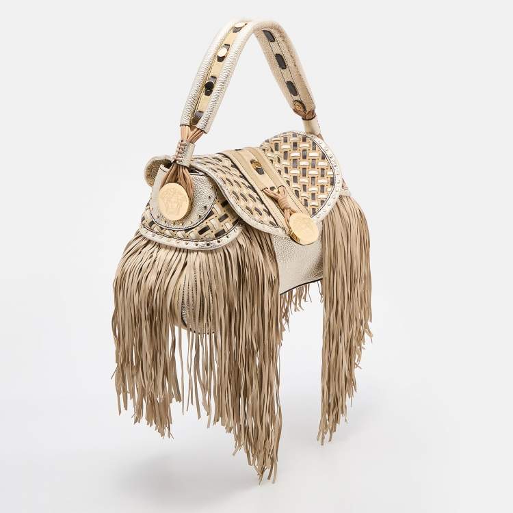 Pre Owned Versace Gold/Beige Woven Leather and Suede Medusa Fringe Satchel