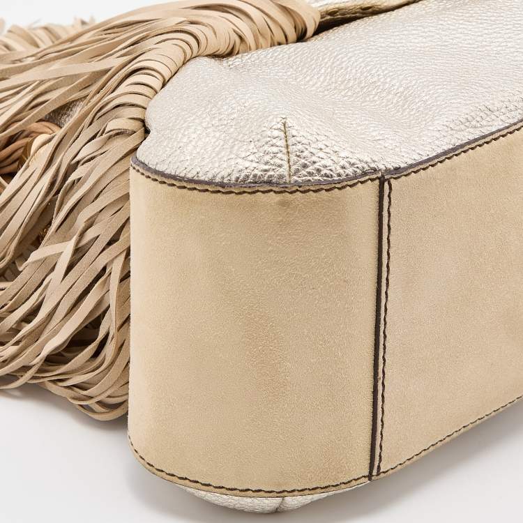 Pre Owned Versace Gold/Beige Woven Leather and Suede Medusa Fringe Satchel