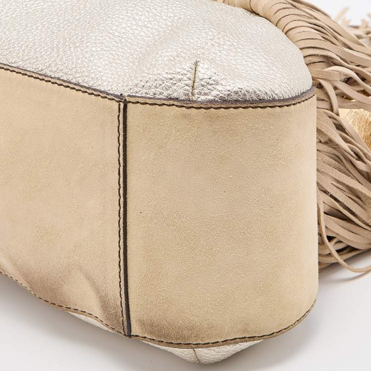 Pre Owned Versace Gold/Beige Woven Leather and Suede Medusa Fringe Satchel