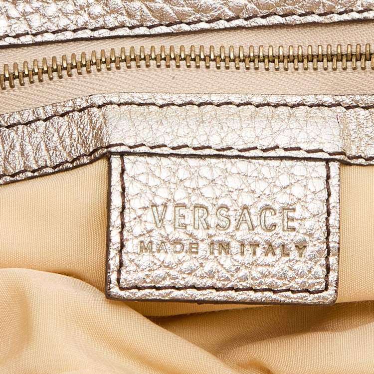 Pre Owned Versace Gold/Beige Woven Leather and Suede Medusa Fringe Satchel