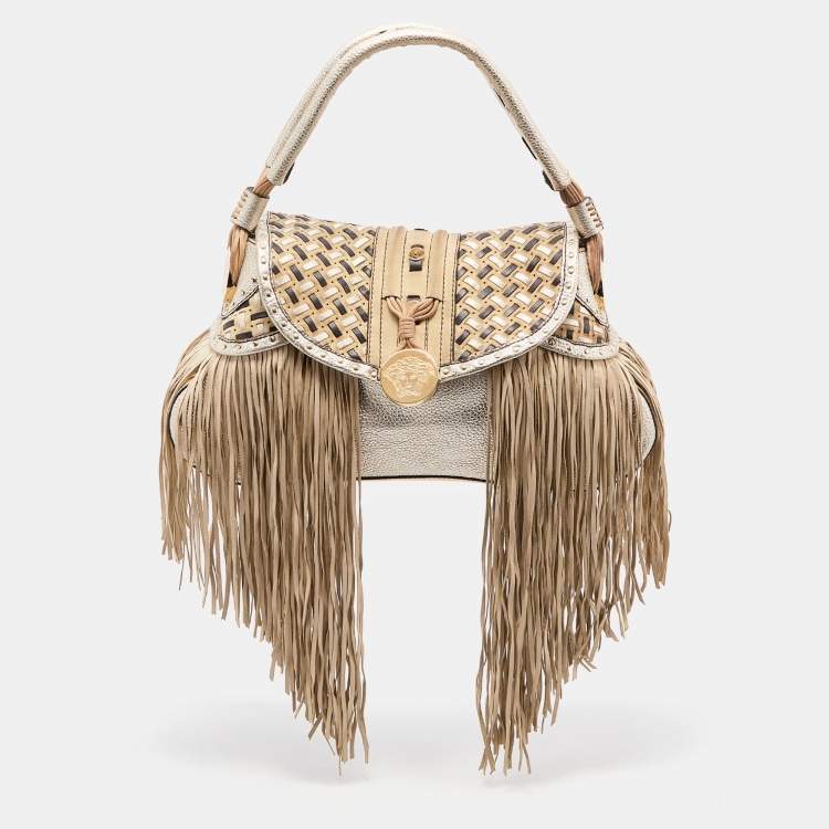 Pre Owned Versace Gold/Beige Woven Leather and Suede Medusa Fringe Satchel