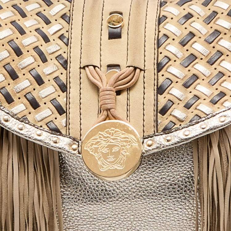 Pre Owned Versace Gold/Beige Woven Leather and Suede Medusa Fringe Satchel