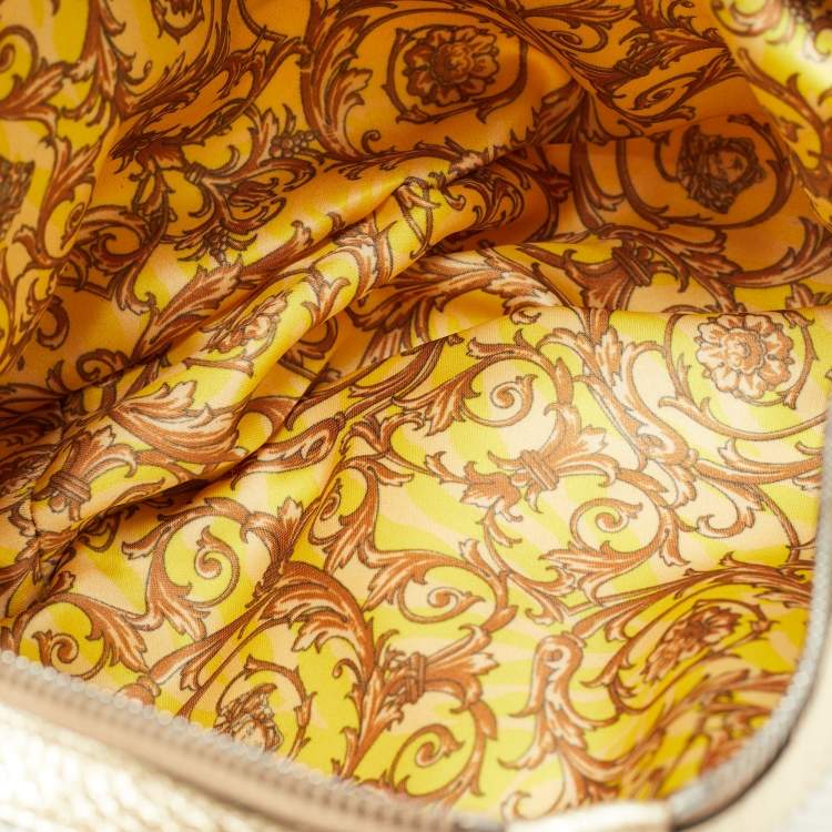 Pre Owned Versace White/Gold Fabric And Leather Zip Embellished Repeat Hobo