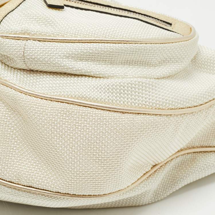 Pre Owned Versace White/Gold Fabric And Leather Zip Embellished Repeat Hobo
