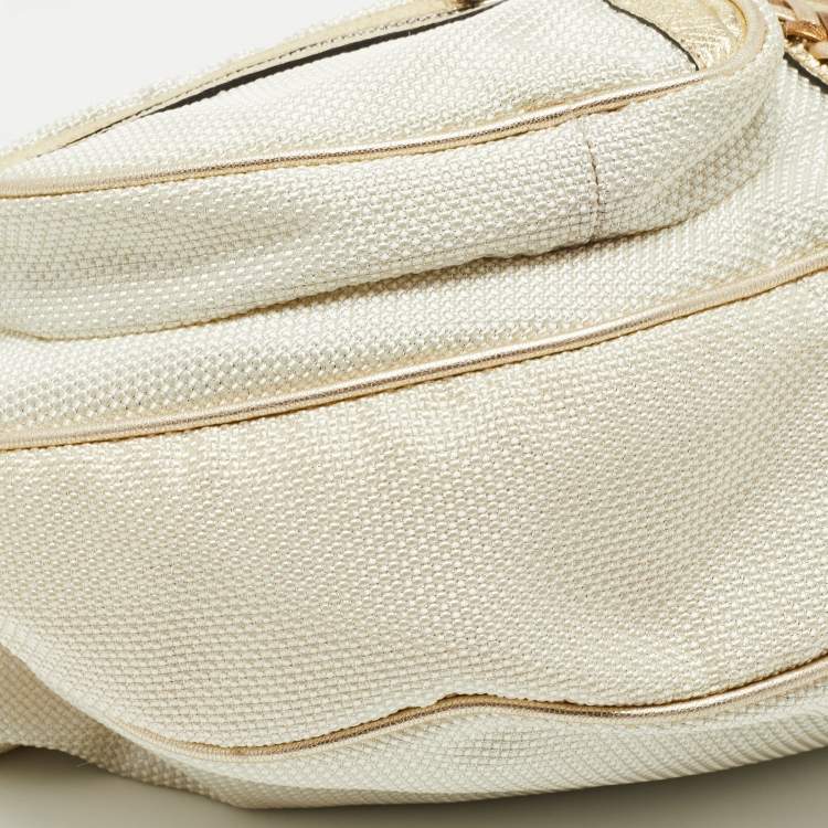 Pre Owned Versace White/Gold Fabric And Leather Zip Embellished Repeat Hobo