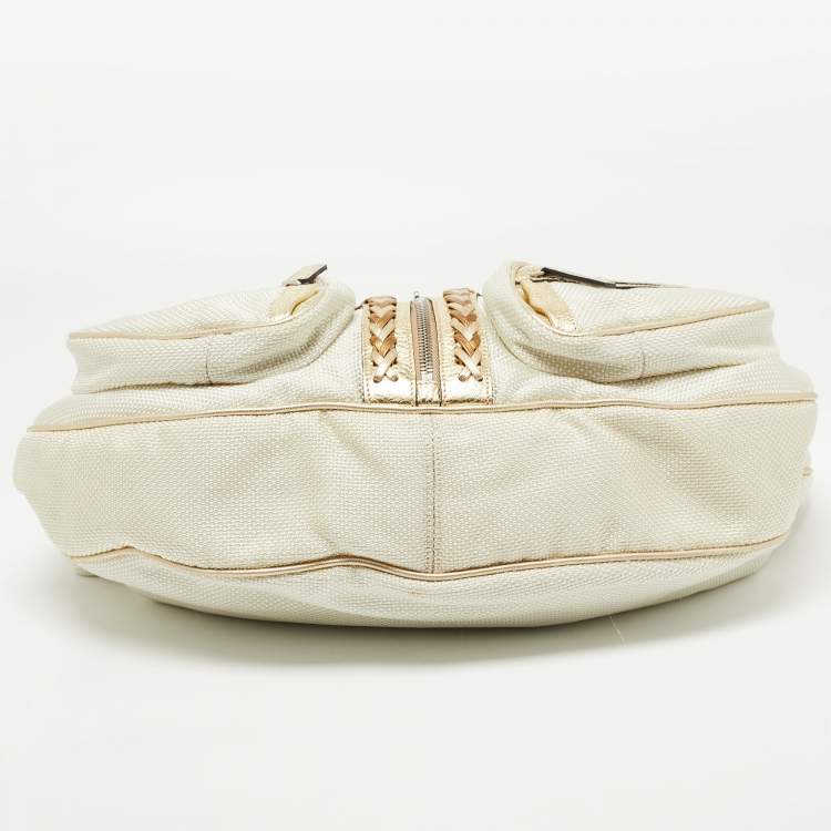 Pre Owned Versace White/Gold Fabric And Leather Zip Embellished Repeat Hobo