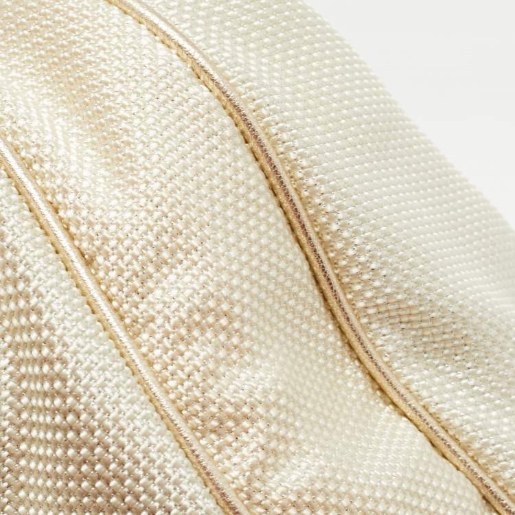 Pre Owned Versace White/Gold Fabric And Leather Zip Embellished Repeat Hobo