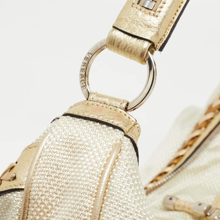 Pre Owned Versace White/Gold Fabric And Leather Zip Embellished Repeat Hobo