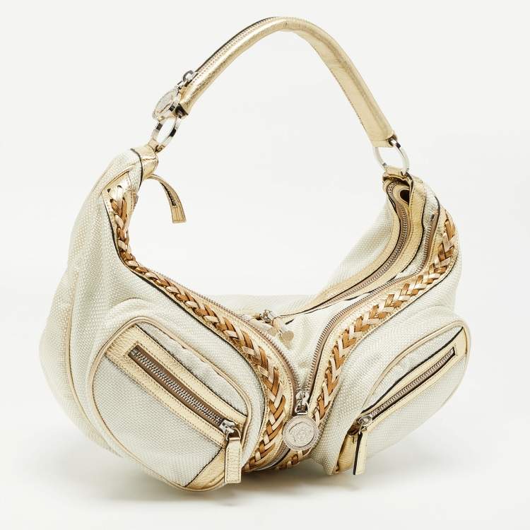 Pre Owned Versace White/Gold Fabric And Leather Zip Embellished Repeat Hobo
