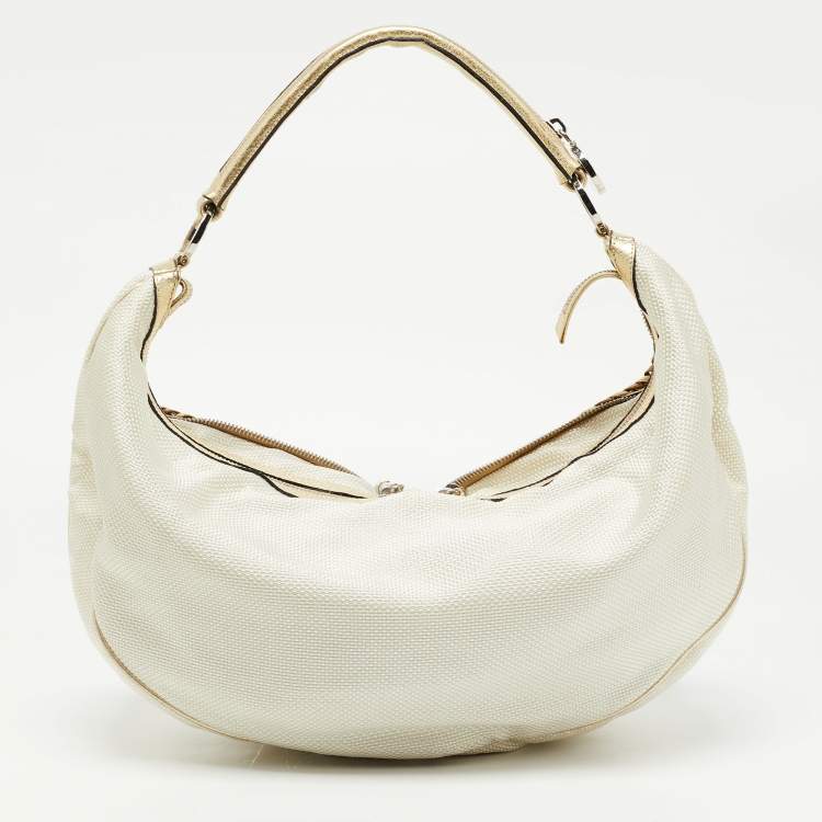 Pre Owned Versace White/Gold Fabric And Leather Zip Embellished Repeat Hobo