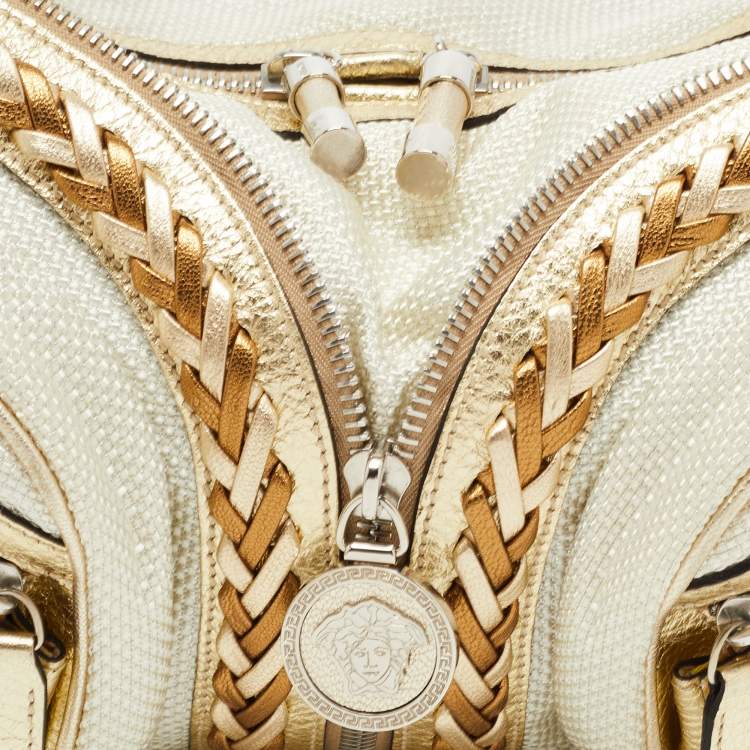 Pre Owned Versace White/Gold Fabric And Leather Zip Embellished Repeat Hobo