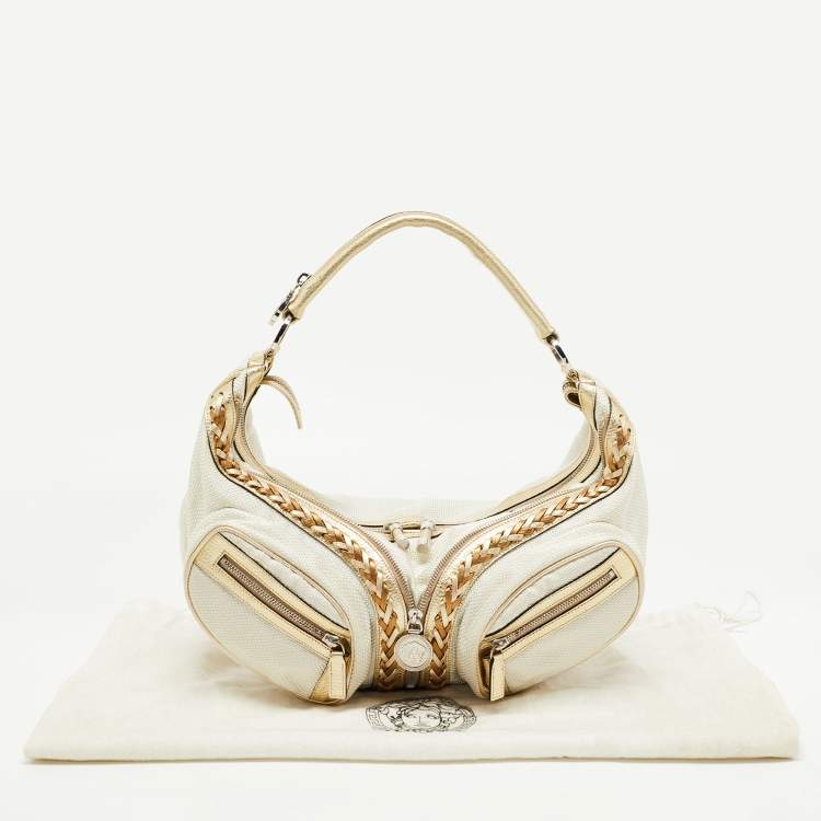 Pre Owned Versace White/Gold Fabric And Leather Zip Embellished Repeat Hobo