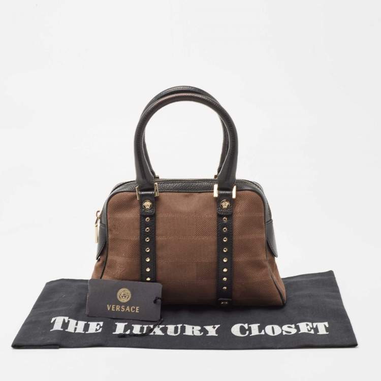 Pre Owned Versace Brown/Black Medusa Print Fabric and Leather Studded Satchel