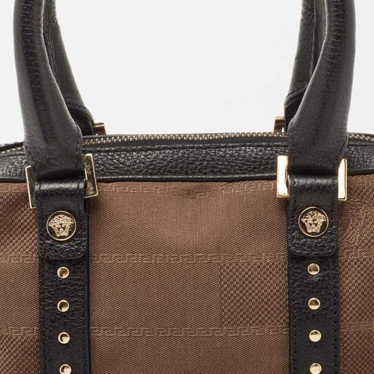 Pre Owned Versace Brown/Black Medusa Print Fabric and Leather Studded Satchel