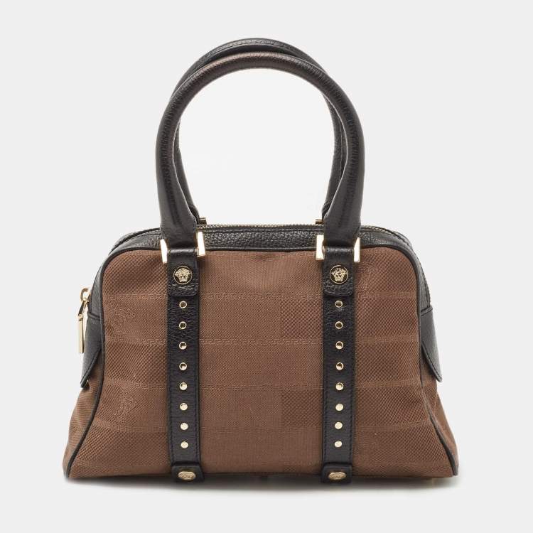 Pre Owned Versace Brown/Black Medusa Print Fabric and Leather Studded Satchel