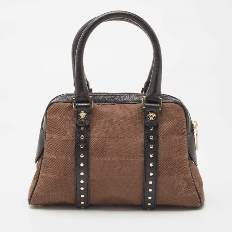 Pre Owned Versace Brown/Black Medusa Print Fabric and Leather Studded Satchel