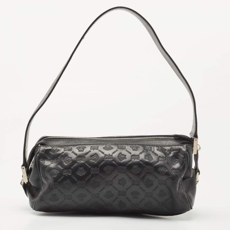 Pre Owned Versace Black Embossed Leather Front Pocket Baguette Bag