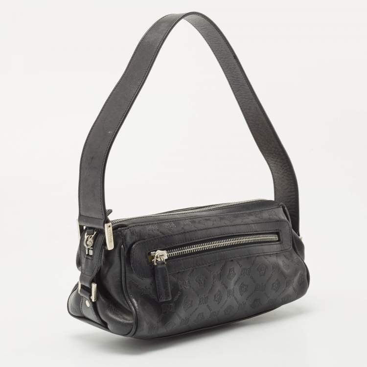 Pre Owned Versace Black Embossed Leather Front Pocket Baguette Bag