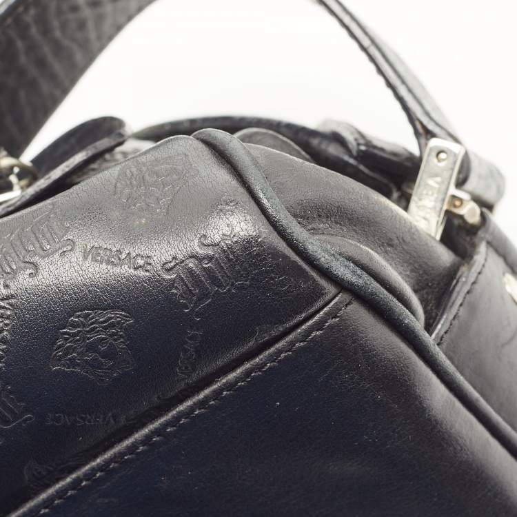 Pre Owned Versace Black Embossed Leather Front Pocket Baguette Bag