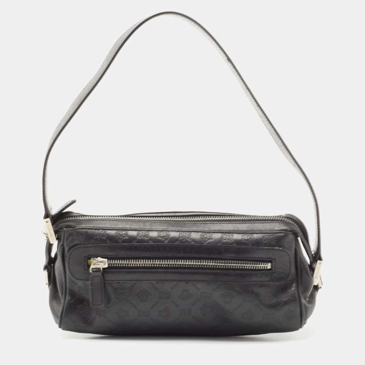 Pre Owned Versace Black Embossed Leather Front Pocket Baguette Bag