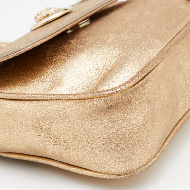 Pre Owned Versace Gold Shimmer Suede Medusa Crossbody Bag