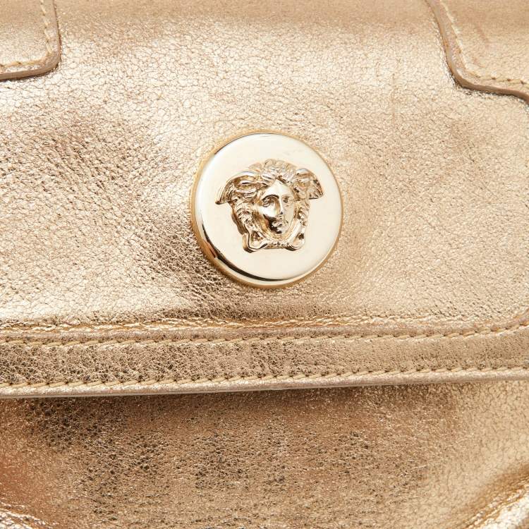 Pre Owned Versace Gold Shimmer Suede Medusa Crossbody Bag