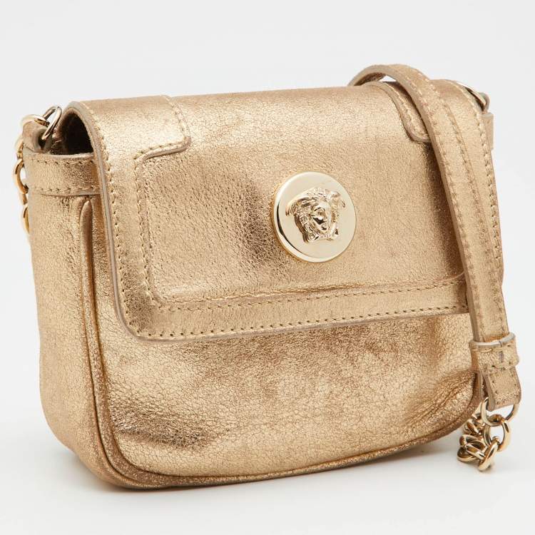 Pre Owned Versace Gold Shimmer Suede Medusa Crossbody Bag