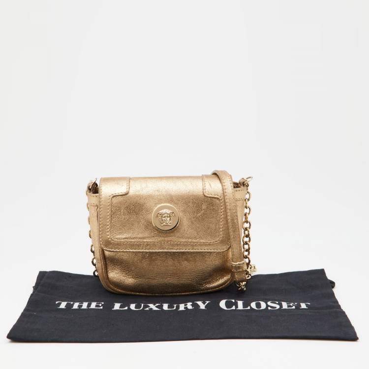 Pre Owned Versace Gold Shimmer Suede Medusa Crossbody Bag