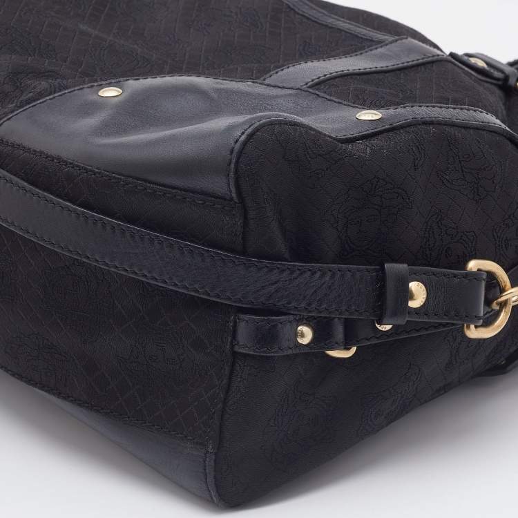 Pre Owned Versace Black Medusa Print Fabric and Leather Studded Satchel