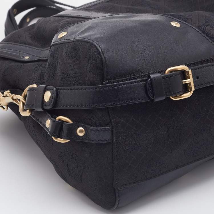 Pre Owned Versace Black Medusa Print Fabric and Leather Studded Satchel