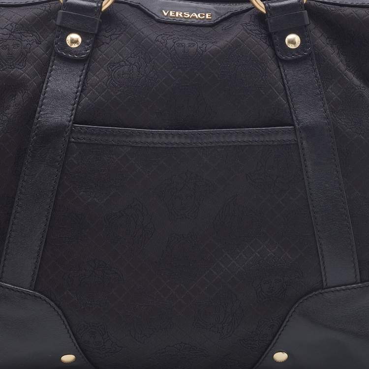 Pre Owned Versace Black Medusa Print Fabric and Leather Studded Satchel