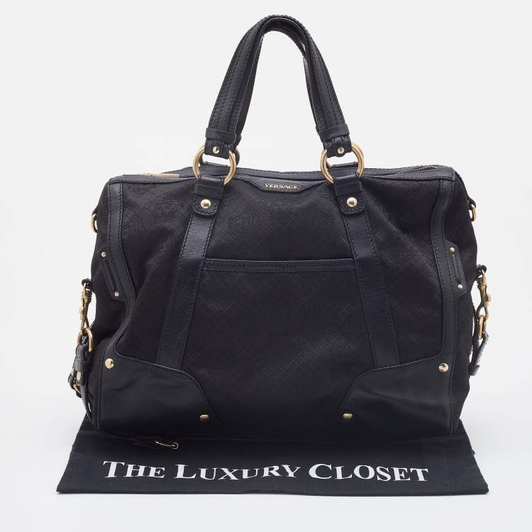 Pre Owned Versace Black Medusa Print Fabric and Leather Studded Satchel