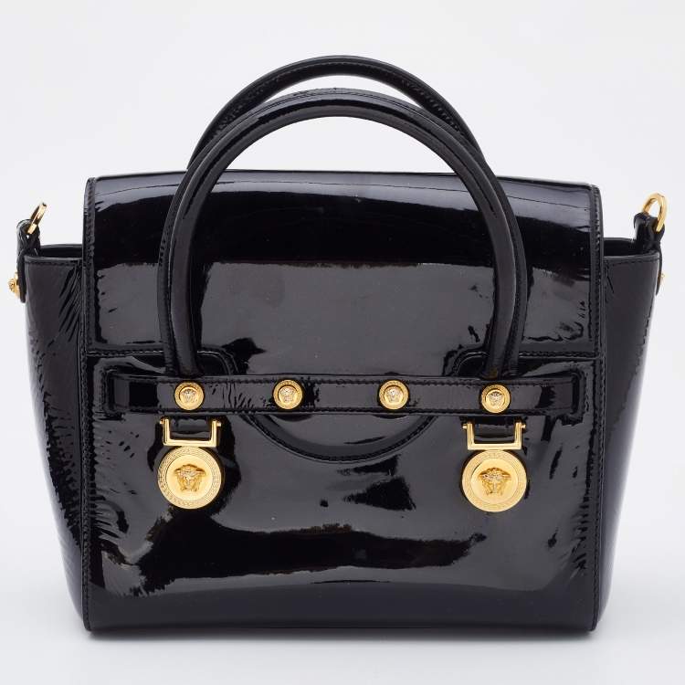 Pre Owned Versace Black Patent Leather Medusa Medallion Tote