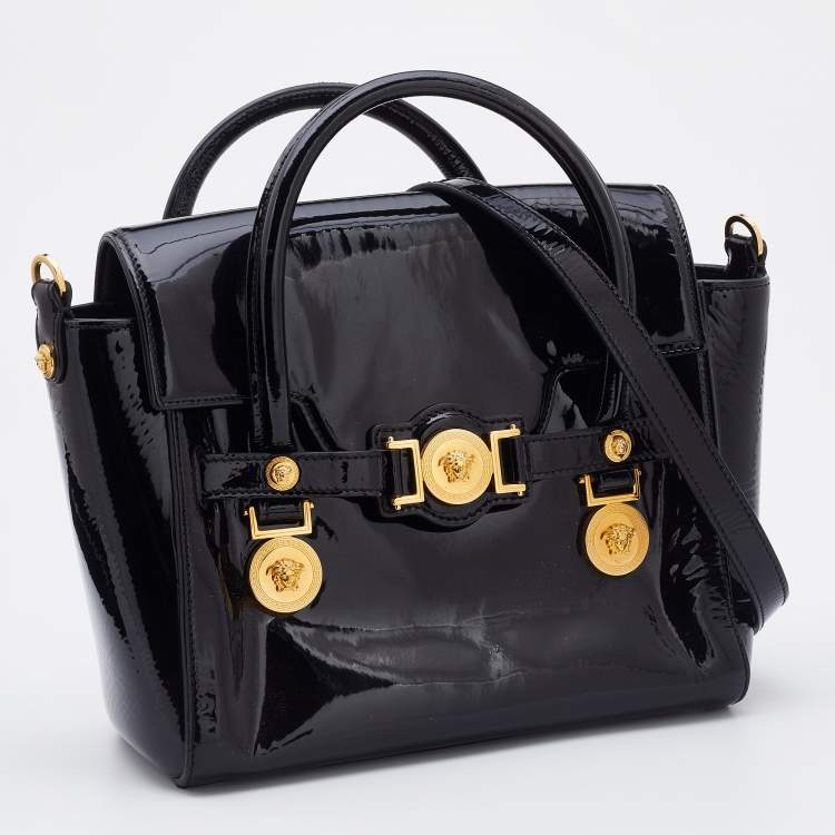 Pre Owned Versace Black Patent Leather Medusa Medallion Tote