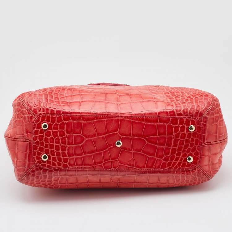 Pre Owned Versace Red Croc Embossed Leather D Ring Satchel