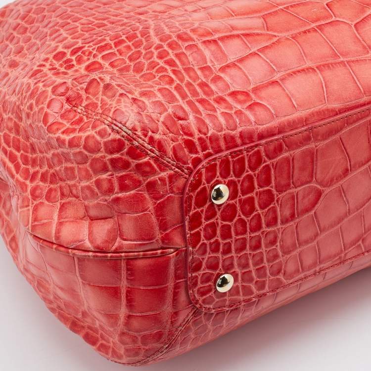 Pre Owned Versace Red Croc Embossed Leather D Ring Satchel