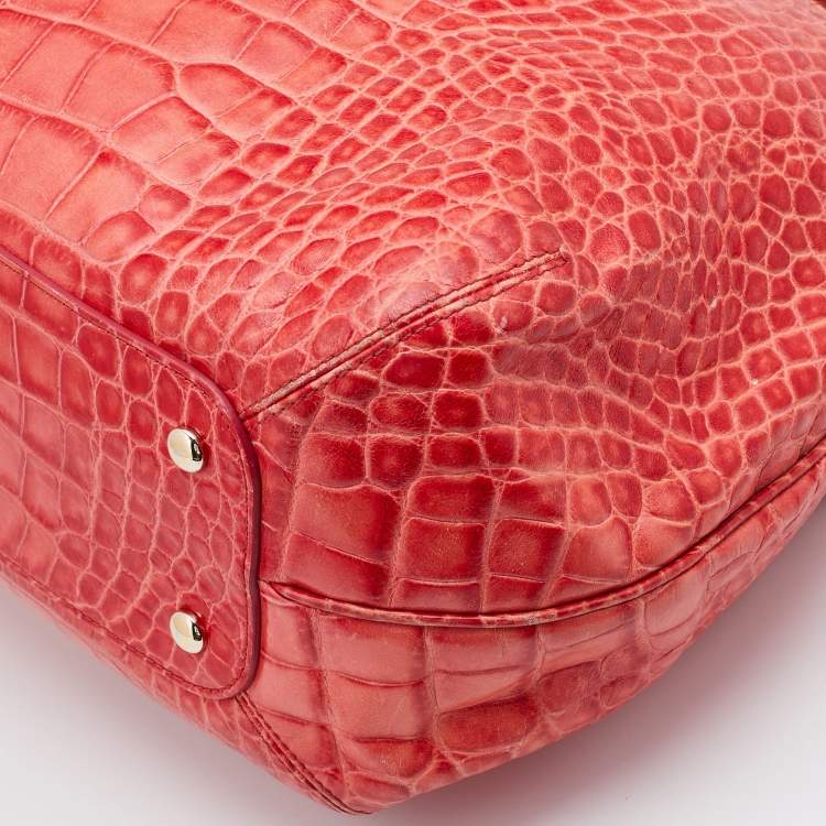 Pre Owned Versace Red Croc Embossed Leather D Ring Satchel