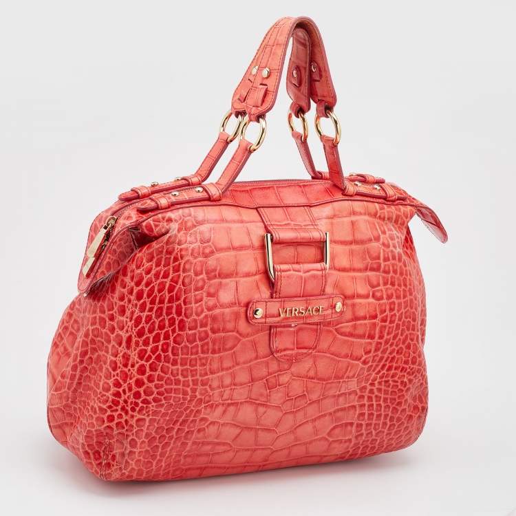 Pre Owned Versace Red Croc Embossed Leather D Ring Satchel