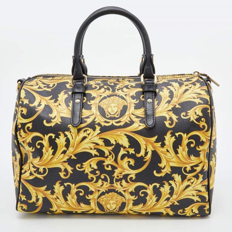 Pre Owned Versace Black/Yellow Printed Coated Canvas and Leather Boston Bag