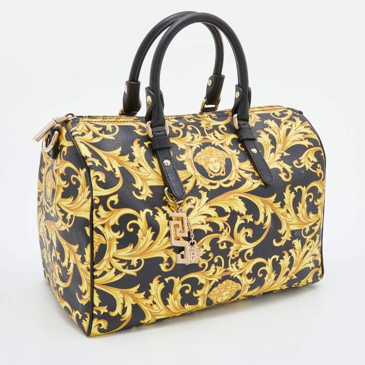 Pre Owned Versace Black/Yellow Printed Coated Canvas and Leather Boston Bag