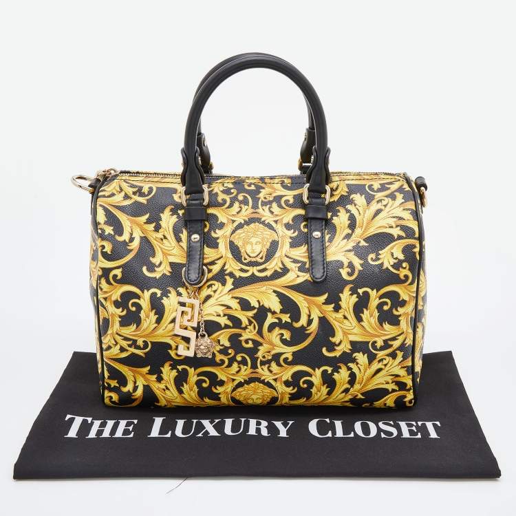 Pre Owned Versace Black/Yellow Printed Coated Canvas and Leather Boston Bag