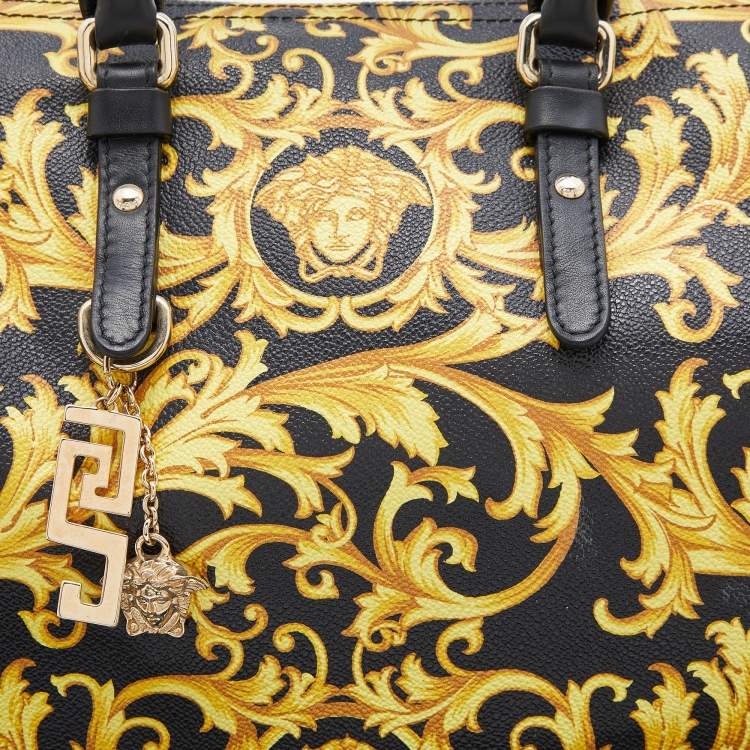 Pre Owned Versace Black/Yellow Printed Coated Canvas and Leather Boston Bag