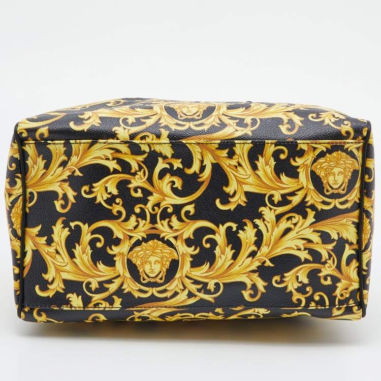 Pre Owned Versace Black/Yellow Printed Coated Canvas and Leather Boston Bag