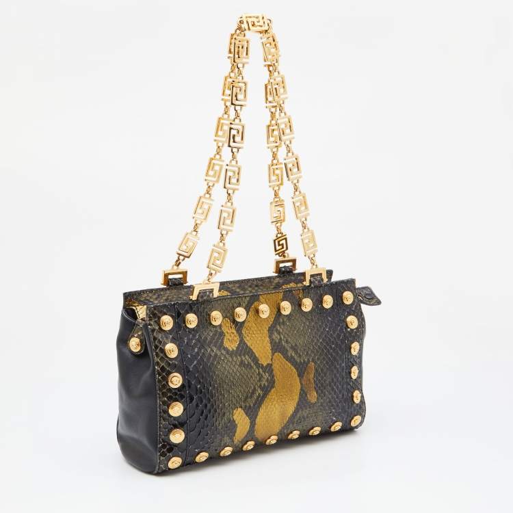 Pre Owned Versace Black/Gold Python and Leather Medusa Studded Chain Shoulder Bag