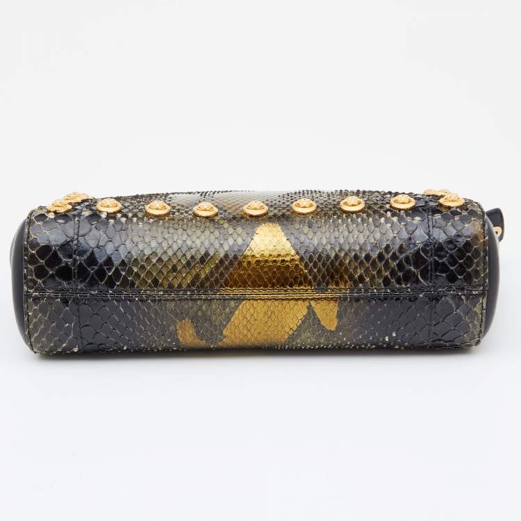 Pre Owned Versace Black/Gold Python and Leather Medusa Studded Chain Shoulder Bag