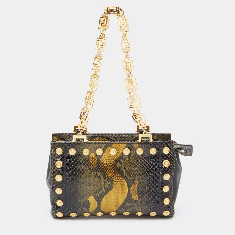 Pre Owned Versace Black/Gold Python and Leather Medusa Studded Chain Shoulder Bag